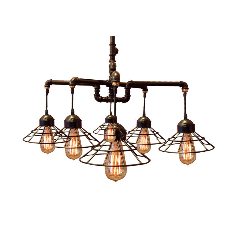 Farmhouse Style Metal Chandelier: 6-Light Black Pendant Lamp with Cone Cage Shade for Dining Room