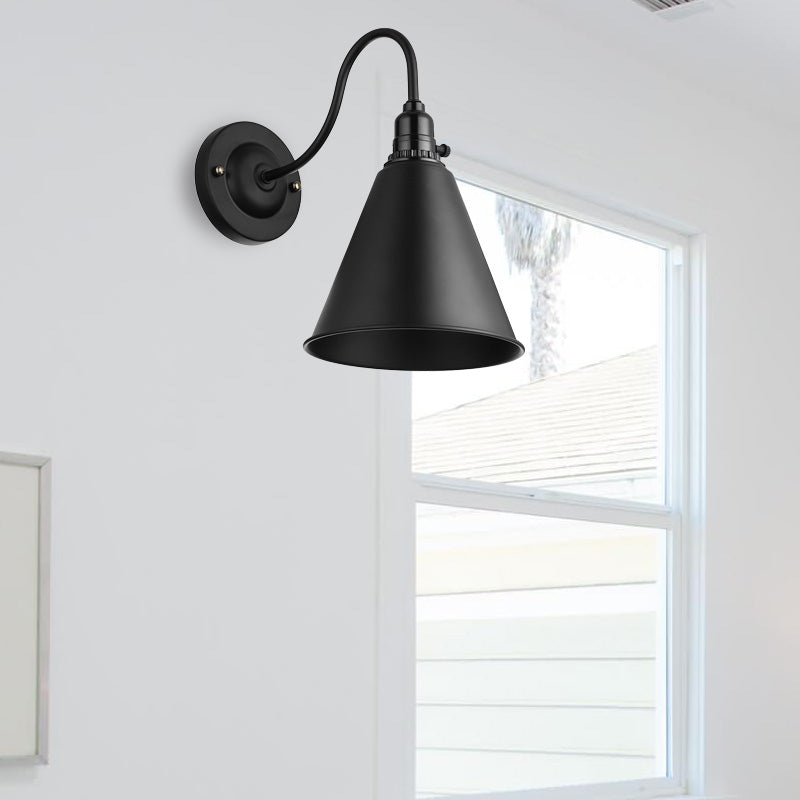 Industrial Black Metal Gooseneck Wall Sconce Light With Conical Shade - Perfect For Dining Room
