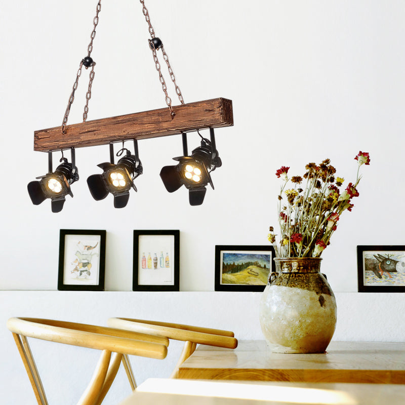 3 Lights Vintage Metal and Wood Island Pendant Light with Wooden Beam in Black