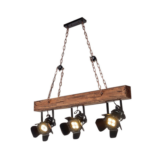 Black Metal And Wood Linear Island Pendant Light - Vintage Style With Wooden Beam 3 Lights