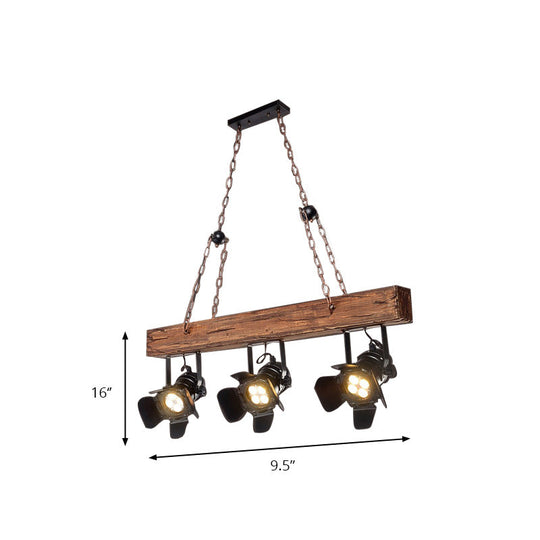 Black Metal And Wood Linear Island Pendant Light - Vintage Style With Wooden Beam 3 Lights
