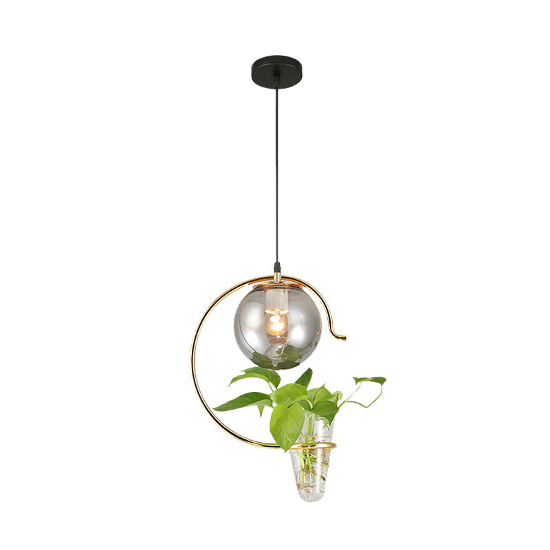 Industrial Globe Metal Pendant With Led Light In Milk White/Smoke Grey Glass - Black/Gold Suspended