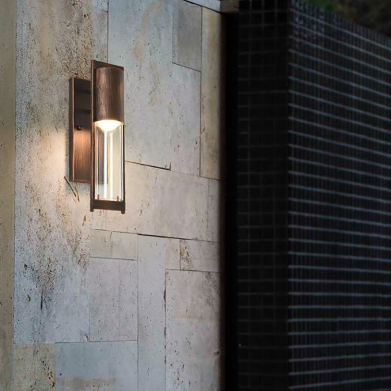 Modern Black/Rust Metal Wall Sconce With Clear Glass Shade - Outdoor Tube Light Rust