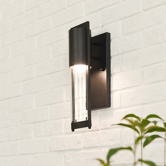 Modern Black/Rust Metal Wall Sconce With Clear Glass Shade - Outdoor Tube Light Black