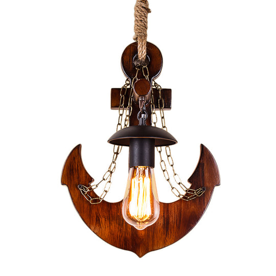 Vintage 1-Head Black Metal Wall Sconce With Wooden Anchor Decoration For Dining Room
