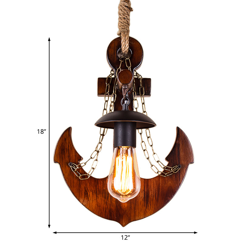 Vintage 1-Head Black Metal Wall Sconce With Wooden Anchor Decoration For Dining Room