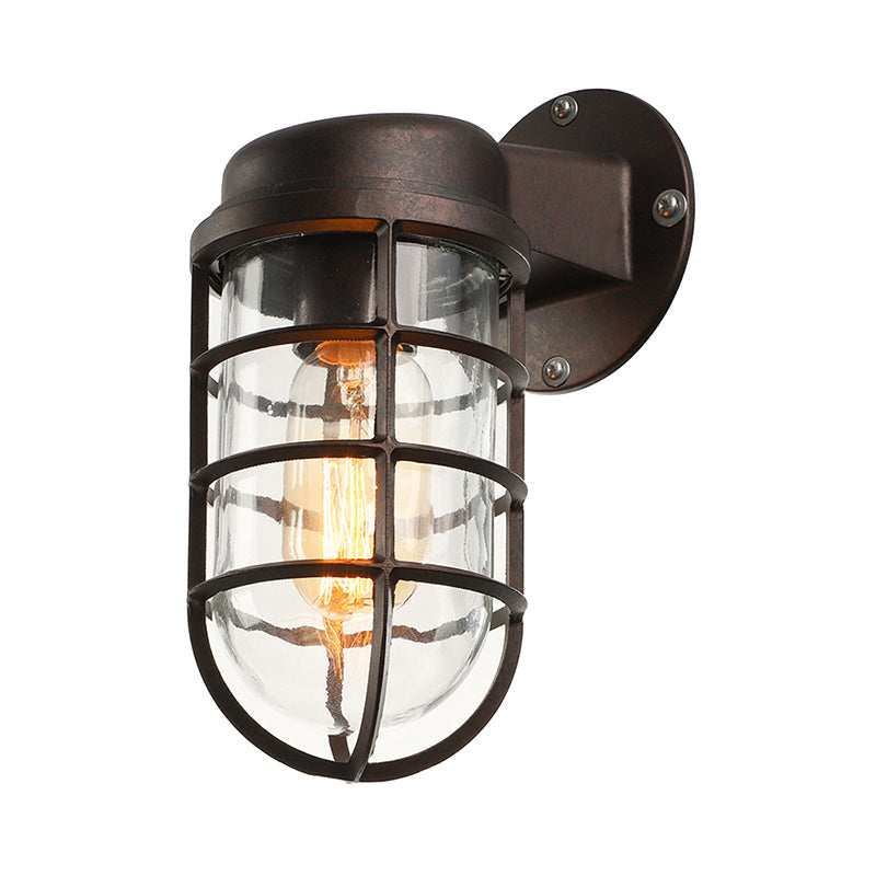 Clear Glass Caged Sconce Light - Black/White/Rust 1-Light Traditional Wall Lamp For Porch Rust