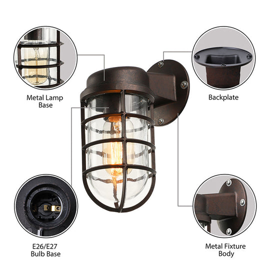 Clear Glass Caged Sconce Light - Black/White/Rust 1-Light Traditional Wall Lamp For Porch
