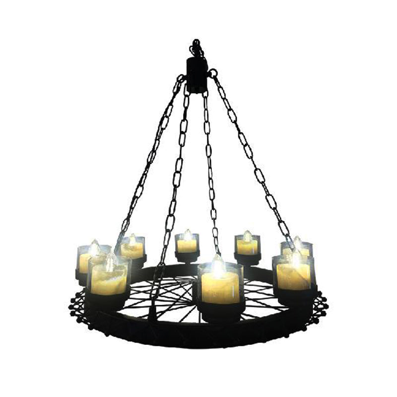 Vintage Iron Chandelier With 8-Light Cylinder Shade And Wheel - Black Restaurant Lighting