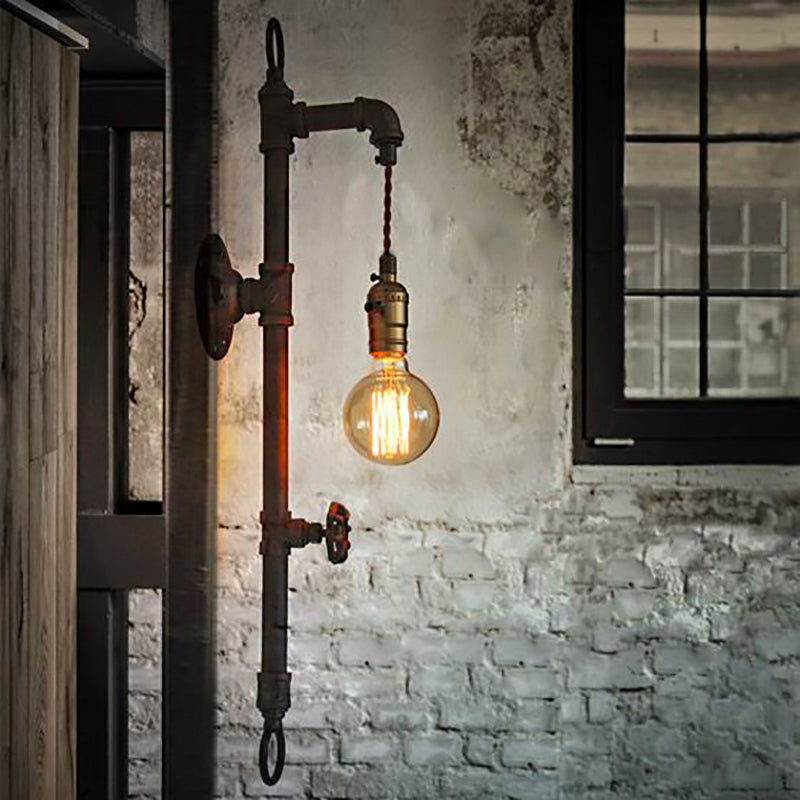 Antique Industrial Metal 1-Bulb Black Water Pipe Wall Mount Sconce Light For Dining Room With Valve