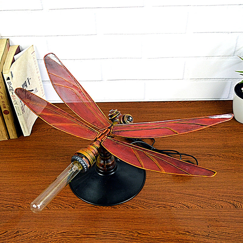 Dragonfly Metal Table Lamp In Weathered Copper - Industrial Style For Kids Bedroom Lighting