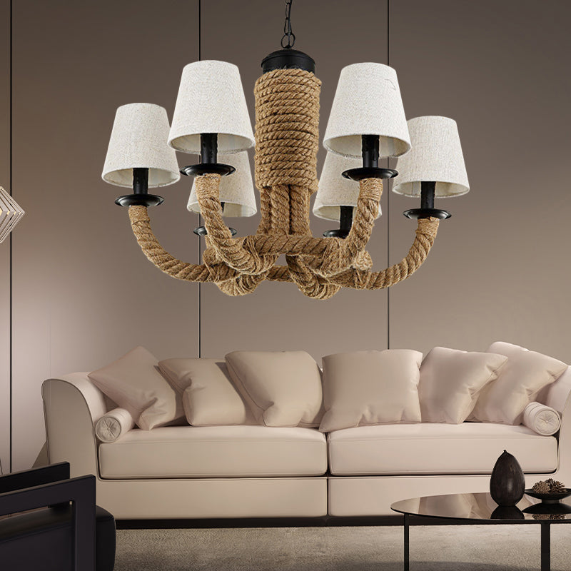Tapered Fabric Chandelier Light - 6 Lights, Countryside Design, Living Room Pendant Lamp with Beige Rope