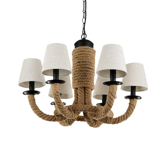 Tapered Fabric Chandelier Light - 6 Lights, Countryside Design, Living Room Pendant Lamp with Beige Rope