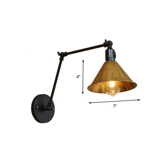 Vintage Style Swing Arm Bedroom Sconce Light With Metallic Cone Shade - Aged Brass Wall Lamp