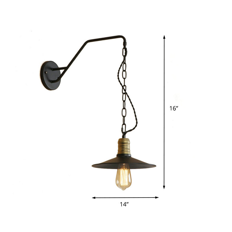Vintage Style Black Metal Wall Hanging Sconce With Flat Shade Chain And 1 Bulb - Perfect Living Room