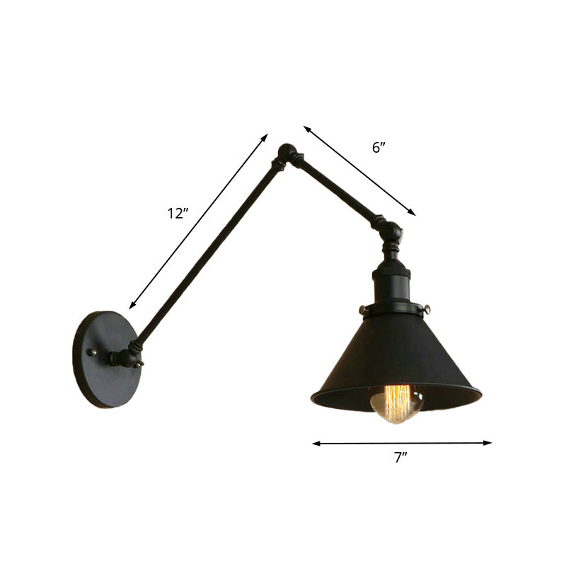 Retro Style Swing Arm Wall Lamp: 1-Head Sconce With Conic Shade Metal Indoor - Black