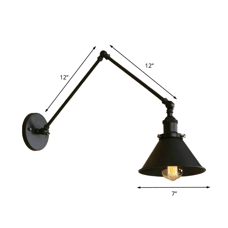 Retro Style Swing Arm Wall Lamp: 1-Head Sconce With Conic Shade Metal Indoor - Black