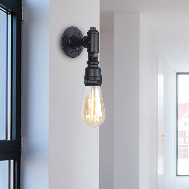Industrial Exposed Bulb Wall Light With Pipe In Black For Corridors