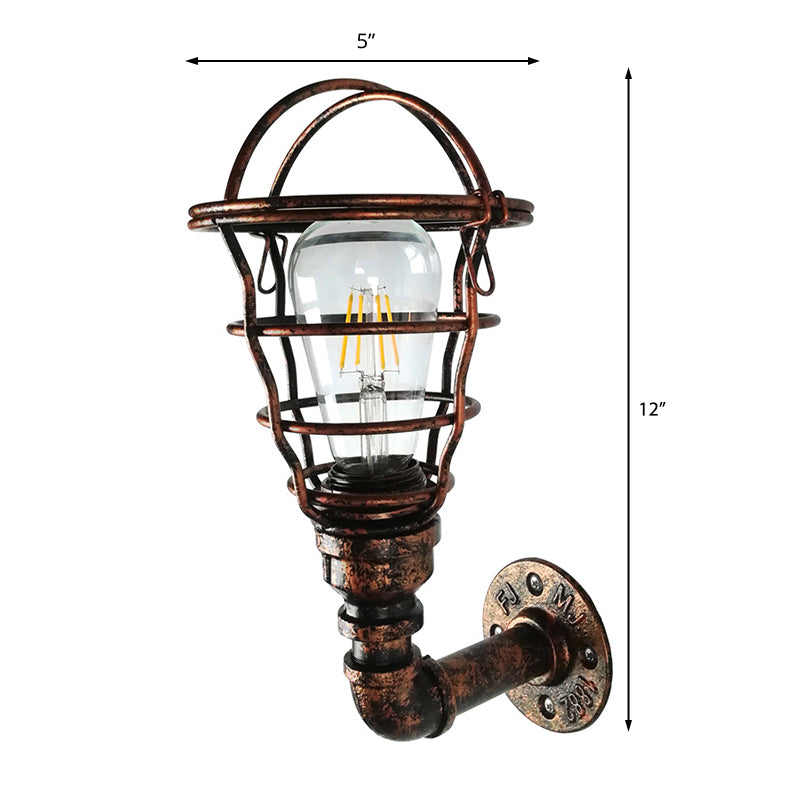 Wire Cage Sconce With Industrial Pipe & Rust Finish