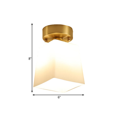 White Glass Brass Flush Lamp - Scalloped/Shell/Trapezoid Design 1-Light Cottage Ceiling Mount For