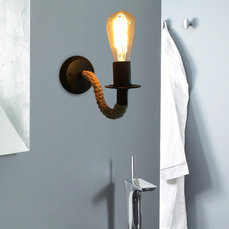 Sleek Black Wall Sconce With Curved Arm Industrial Rope & Metal Accent Exposed Bulb Corridor