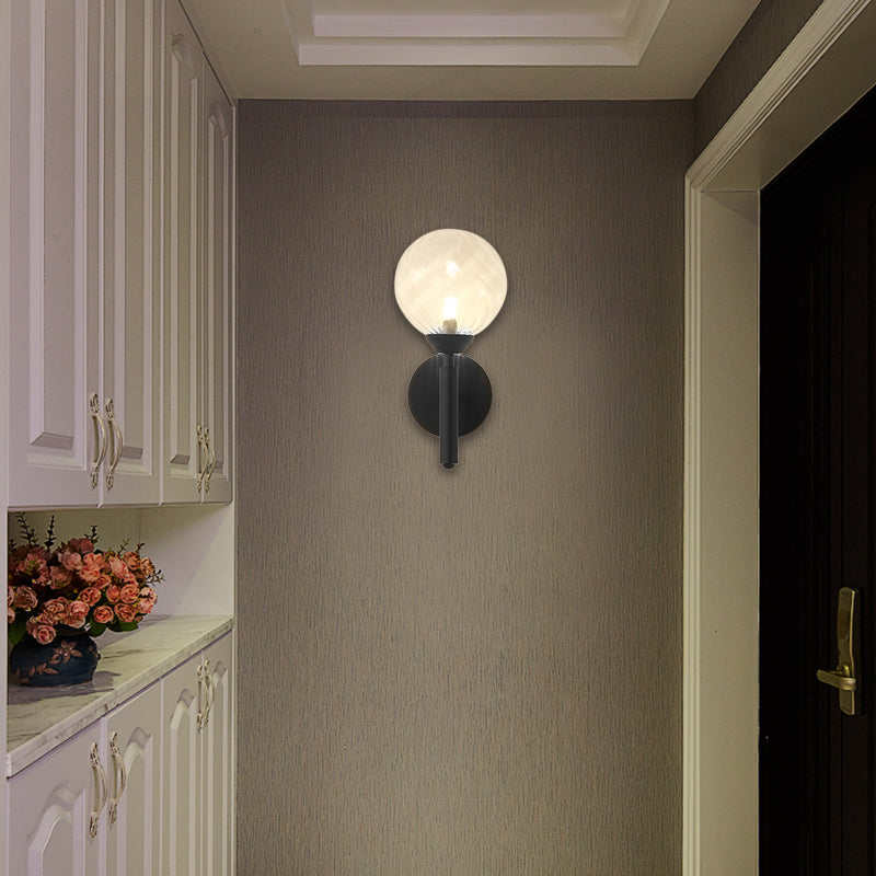 Modern Round 1-Light Black Sconce Light - Textured Glass Wall Lamp For Bedroom Clear