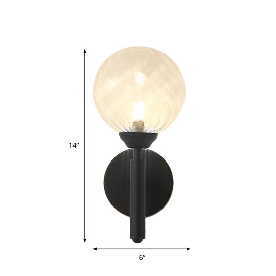 Modern Round 1-Light Black Sconce Light - Textured Glass Wall Lamp For Bedroom