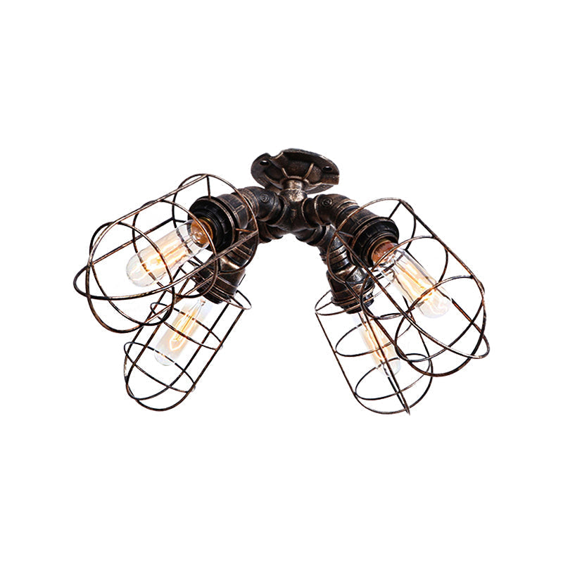 Rustic Industrial Caged Bedroom Ceiling Fixture - Semi-Flush Mount With Pipe Design Bronze/Aged