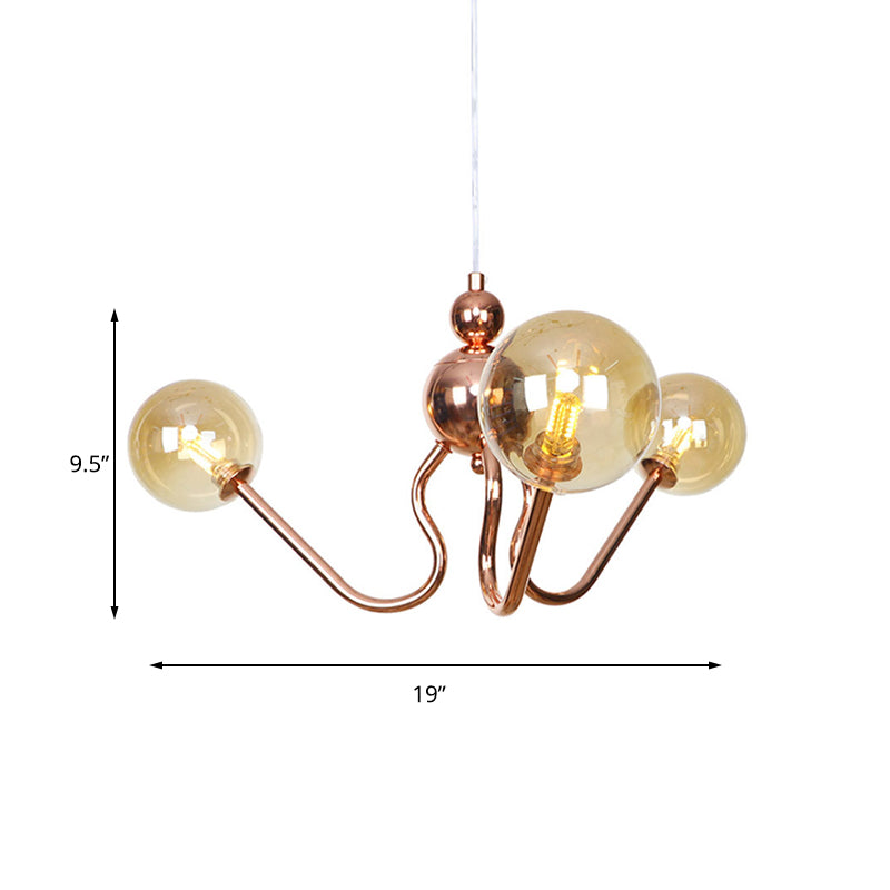 Industrial Copper 3-Light Chandelier with Clear/Amber Glass Globes, Dining Room Pendant Fixture