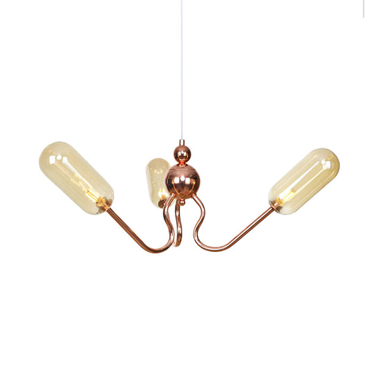 Copper Industrial Chandelier With 3 Clear/Amber Glass Lights For Dining Room Pendant
