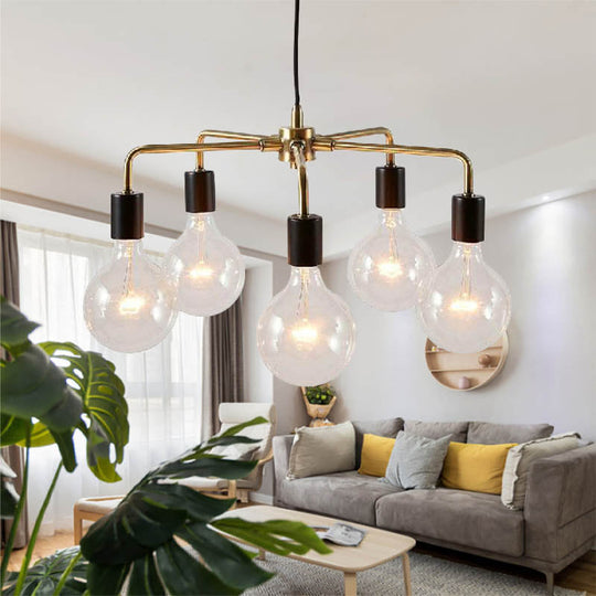 Gold Metallic Industrial Chandelier: Exposed Multi Light Fixture For Living Room Hanging