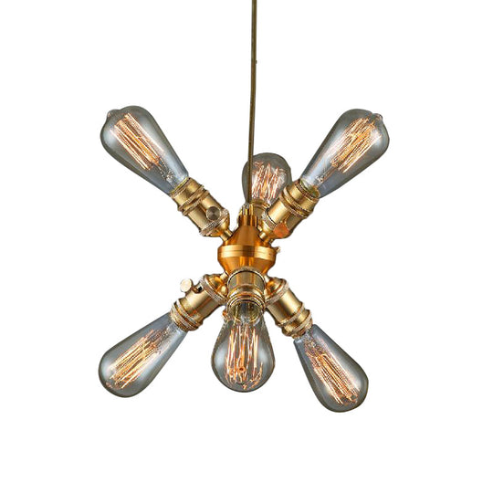 Vintage Industrial Brass Chandelier with 6 Bare Bulb Heads - Perfect for Bars