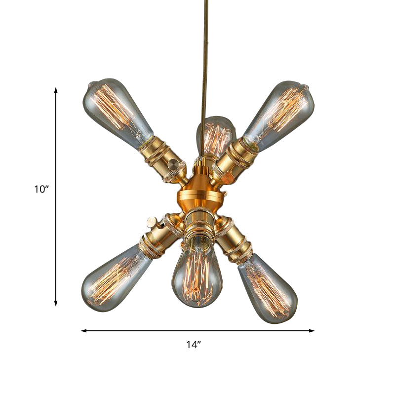 Vintage Industrial Brass Metallic Chandelier Hanging Lamp - 6 Heads Bare Bulb Design For Bars