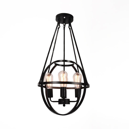 Industrial Black Metal Chandelier With Cage Shade - 4 Light Heads For Living Room