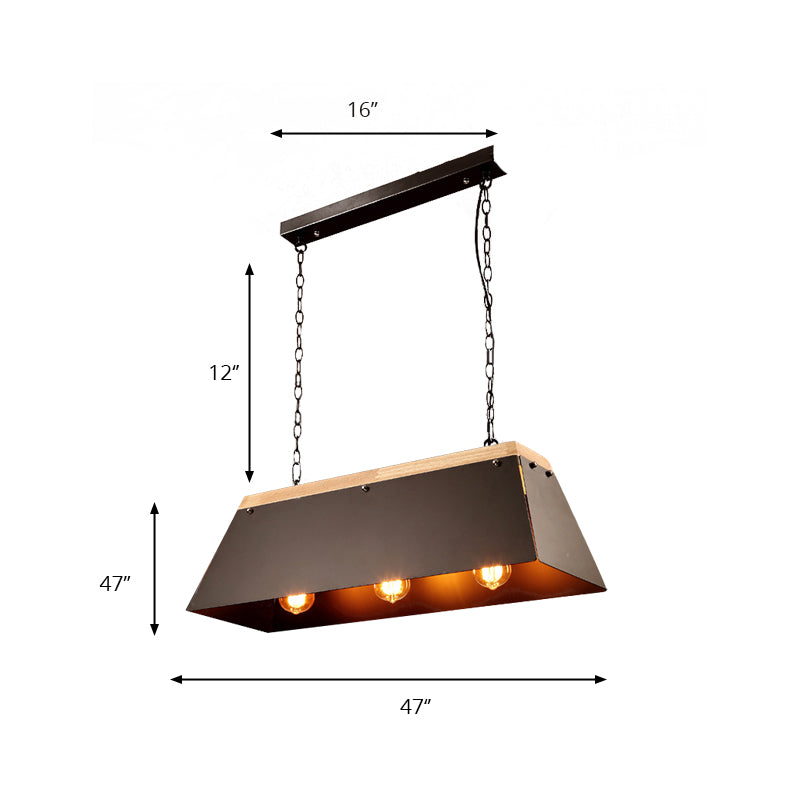 Industrial Metal And Wood Pendant Lamp - 3 Lights Island Lighting With Trapezoid Shade In Black For