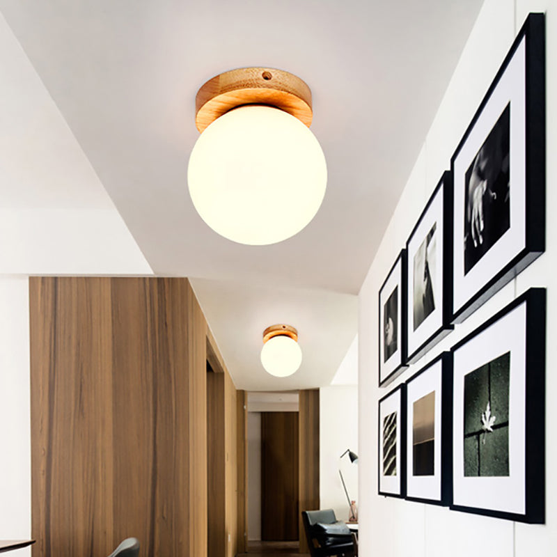 Nordic Wooden Glass Flush Mount Ceiling Light With Milky Globe Modern Lighting Fixture Wood