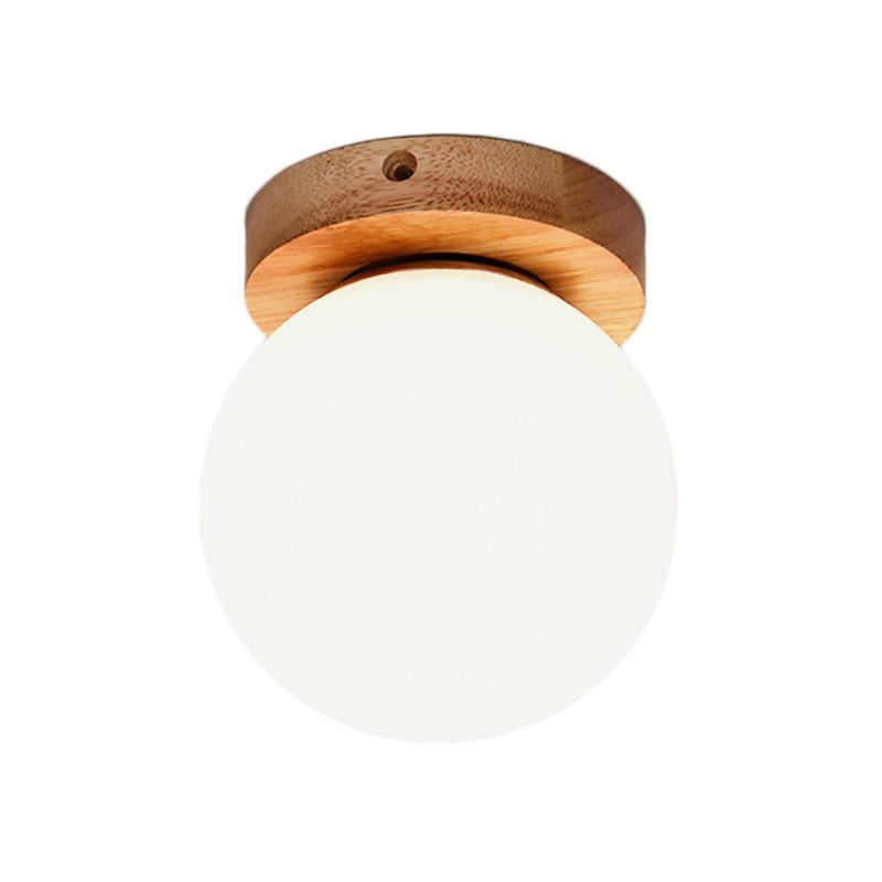 Nordic Wooden Glass Flush Mount Ceiling Light With Milky Globe Modern Lighting Fixture