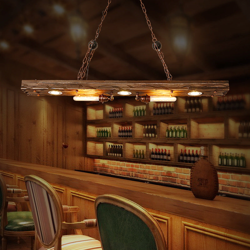 Rustic 5-Light Linear Hanging Lamp With Wood Board - Island Pendant Light For Restaurants Rust