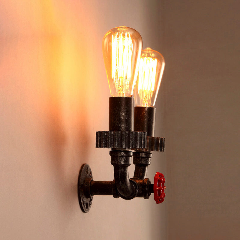 Vintage Industrial Wall Sconce Light - 2 Lights Iron Bulb Red Faucet Valve Dark Rust