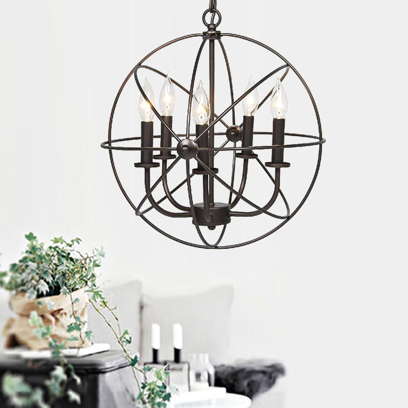Vintage Metal Strap Globe Chandelier Pendant Light - 5 Bulb Hanging Lamp in Black, Ideal for Restaurants