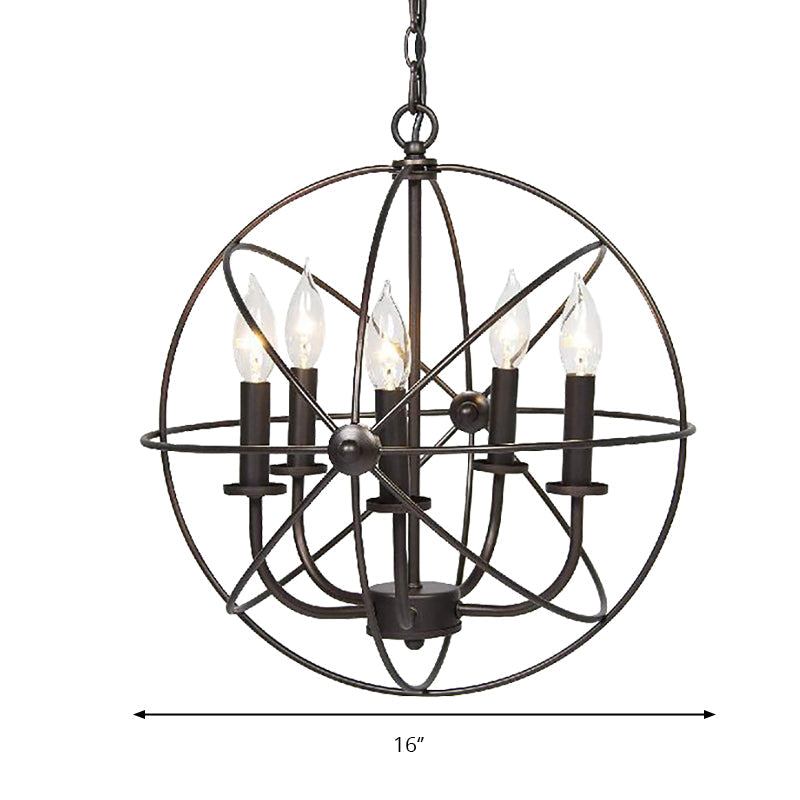 Vintage Metal Strap Globe Chandelier Pendant Light - 5 Bulb Hanging Lamp in Black, Ideal for Restaurants