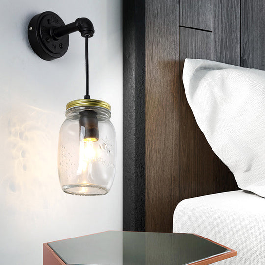Clear Glass Black Wall Sconce With Industrial Lighting Jar Shade - 1-Light Fixture For Corridor