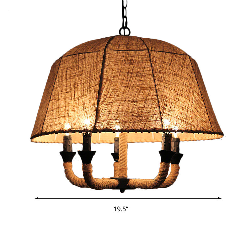 Industrial Beige Chandelier Light with Multi Lights & Fabric Dome Shade - Ceiling Pendant Fixture with Hemp Rope