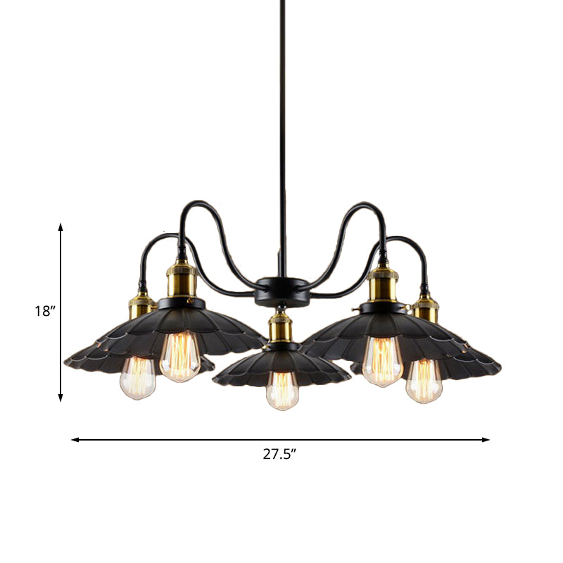 Black Scalloped Chandelier Light: Industrial Metal Pendant With 5 Heads +