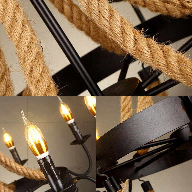 Vintage Wagon Wheel 6 Bulb Chandelier Pendant Light with Rope Detail - Black Metal Hanging Lamp