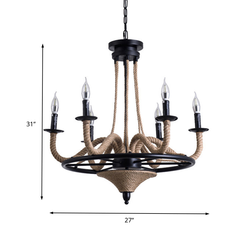 Vintage Wagon Wheel 6 Bulb Chandelier Pendant Light with Rope Detail - Black Metal Hanging Lamp