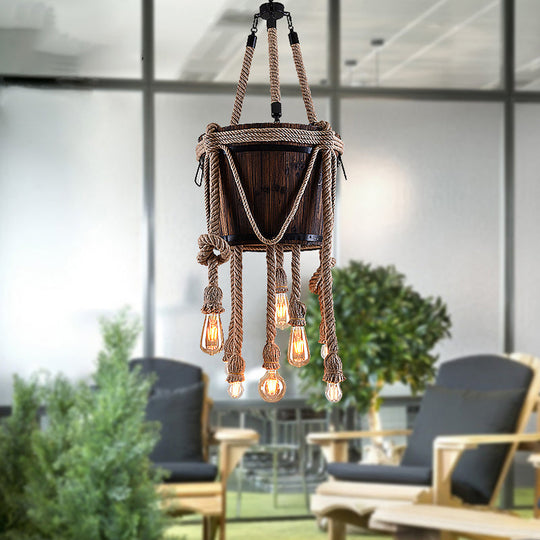Antique Hanging Chandeliers: Wood Bucket Design With Six Lights Hemp Rope Brown - Ideal For Balcony