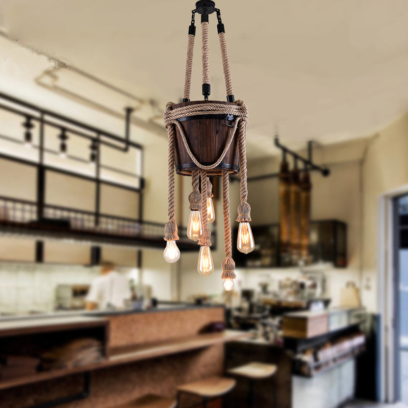 Antique Hanging Chandeliers: Wood Bucket Design With Six Lights Hemp Rope Brown - Ideal For Balcony