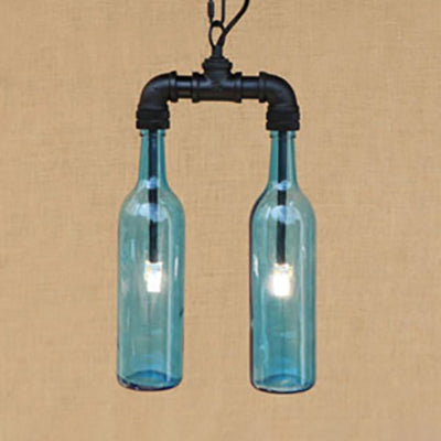 Clear/Blue Glass Pendant Light Bottle Shade - Industrial Style Ceiling Fixture (2/4/6 Lights) with Pipe Design in Black/Aged Brass