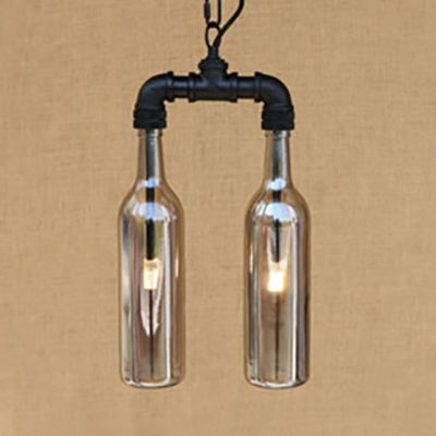 Clear/Blue Glass Pendant Light With Industrial Style Design - Pipe Fixture In Black/Aged Brass 2/4/6